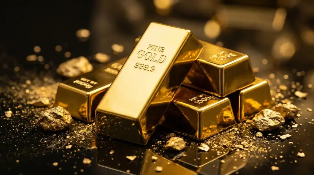 lingotti d'oro con granelli sparsi intorno