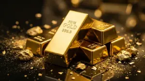 lingotti d'oro con granelli sparsi intorno