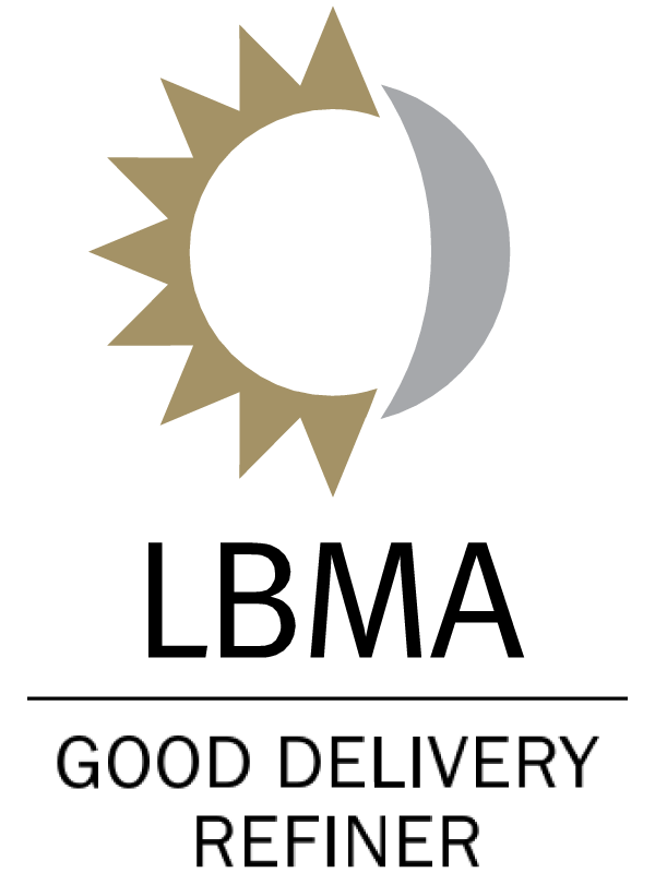 Logo della LBMA con un sole e della luna in oro e argento, sopra le scritte LBMA e GOOD DELIVERY REFINER separate da una linea orizzontale, su sfondo chiaro.