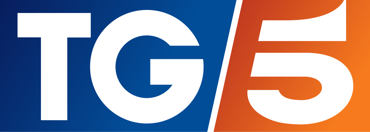 Il logo del TG5, un telegiornale italiano, è caratterizzato da lettere bianche in grassetto TG su sfondo blu accanto a un grande numero bianco 5 su sfondo arancione, separati da una linea diagonale.
