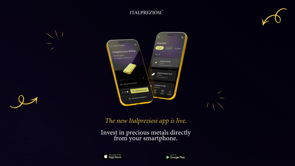 Italpreziosi promotional banner for the launch of the new mobile app. Two gold-framed smartphones display app screens: a product page for a 500g gold bar and a purchase screen with a list of gold and silver bars. At the bottom, the text "La nuova App Italpreziosi è live. Investi in metalli preziosi, direttamente dal tuo smartphone." with download badges for the App Store and Google Play. Dark navy background with golden graphic details.