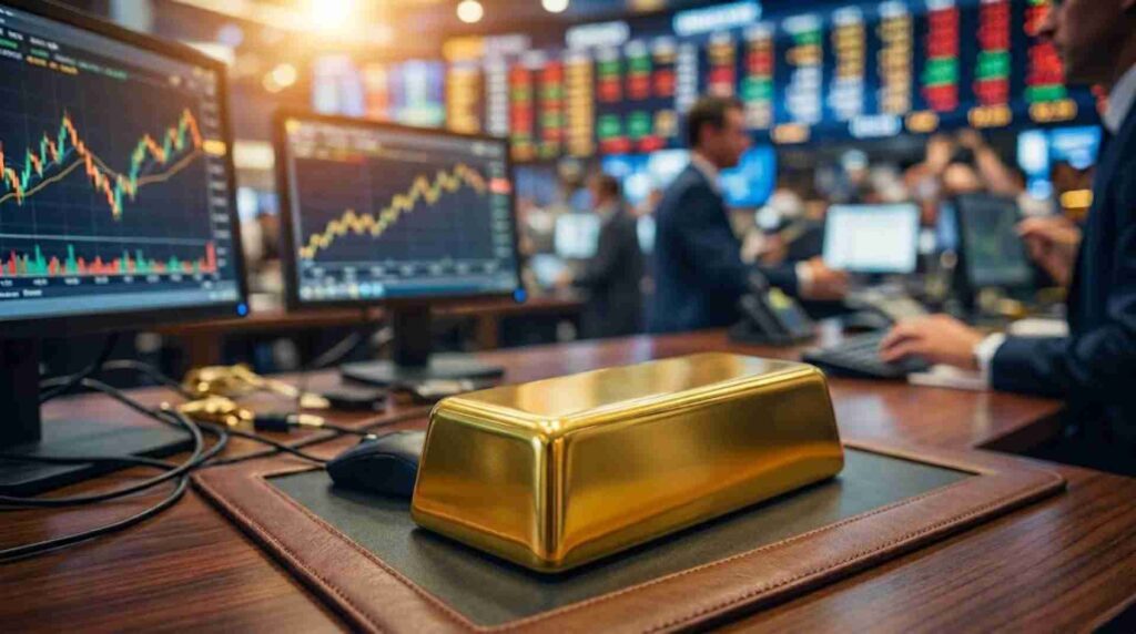 lingotto in oro in primo piano, sullo sfondo un ufficio con analisti finanziari