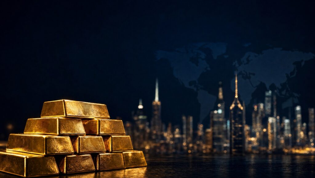 Pila di lingotti d'oro con skyline della città sullo sfondo
