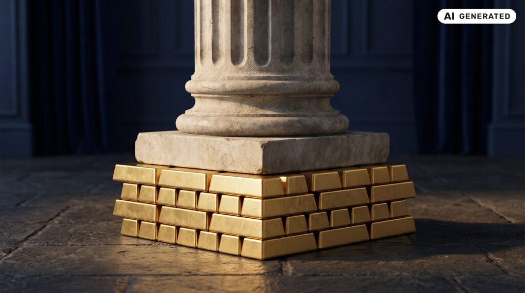 Base di una colonna classica in pietra che poggia su una fondazione di lingotti d'oro impilati, su fondo blu notte. Immagine generata con AI