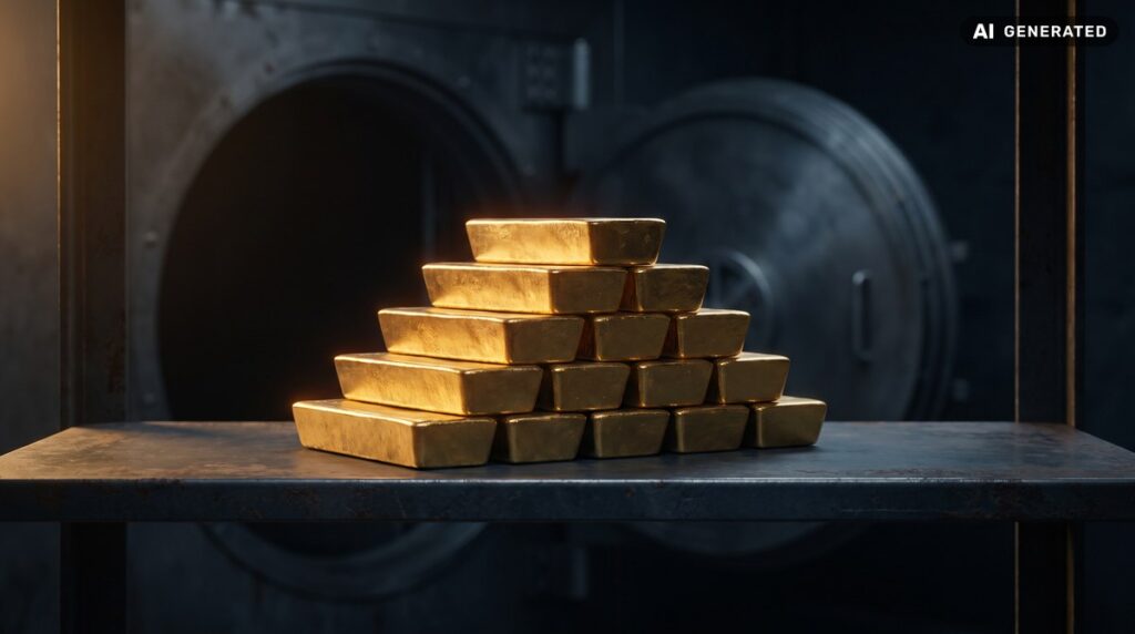 Pila di barre d'oro da fusione su uno scaffale d'acciaio, davanti alla porta circolare di un caveau socchiusa. Immagine generata con AI
