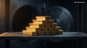 Pila di barre d'oro da fusione su uno scaffale d'acciaio, davanti alla porta circolare di un caveau socchiusa. Immagine generata con AI