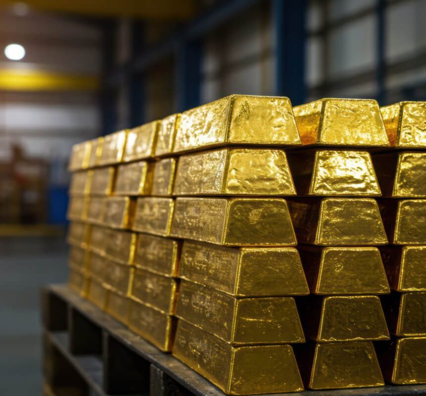 logistica-e-trasporto-metalli-preziosi Pile di lingotti d'oro sono disposte su un pallet in un magazzino con scaffali industriali e luci sfocate sullo sfondo.