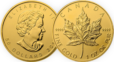 Due facce della moneta d'oro canadese "Maple Leaf" da 1 oncia troy (purezza 9999): sul dritto il ritratto di Elisabetta II con la scritta "50 Dollars", sul rovescio la foglia d'acero incisa con la scritta "Fine Gold 1 oz Or Pur".